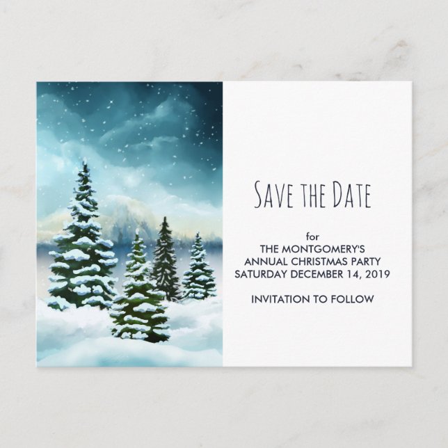 Landschaftlich Winter Wonderland Save the Date Was Postkarte (Vorderseite)