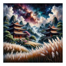 Landschaftliche asiatische Tempel gegen Sternenhim