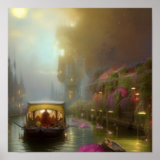 Landschaftliche Blume Boat Canal Digitale Kunst Poster (Vorne)