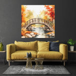 Landschaftliche Herbstbrücke über Stream Leinwanddruck<br><div class="desc">Wandkunst aus gepacktem Leinwand mit landschaftlicher Aquarellbilderung einer Herbstlandschaft mit Bäumen in lebhaften Herbstfarben im Hintergrund,  einer waldreichen Wanderbrücke über einen fließenden Fluss und Felsen im Vordergrund. 12x12 gezeigt. Zusätzliche Größen und Stile sind verfügbar. Möglicherweise muss das Bild an die gewünschte Größe angepasst werden.</div>
