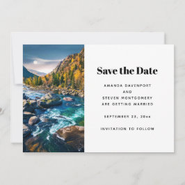Landschaftliche Hochzeit des Fotos Fluss und Gebir Save The Date