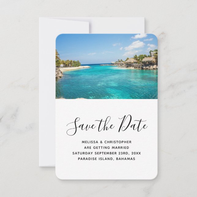 Landschaftliche Hochzeit in Urlaubsort des Tropica Save The Date (Vorderseite)