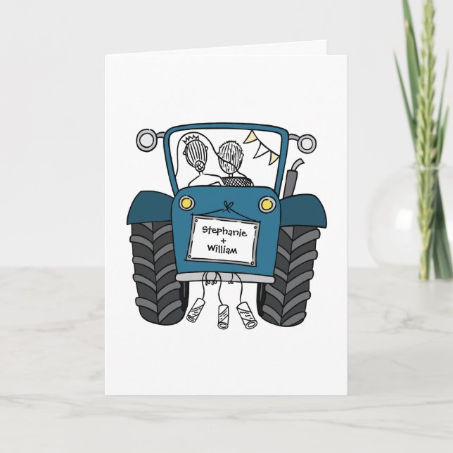 Landschaftliche Hochzeit mit blauem Traktor Karte (Vorderseite)