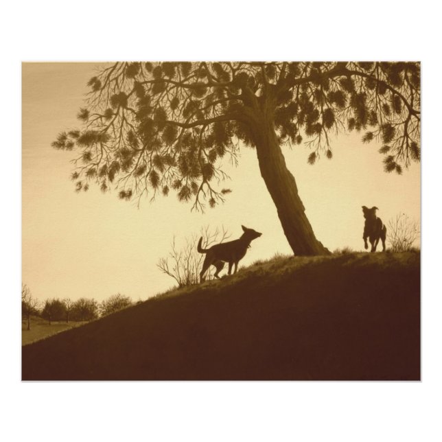 landschaftliche Hunde im Park Sepia Landschaft Kun Poster (Vorderseite)