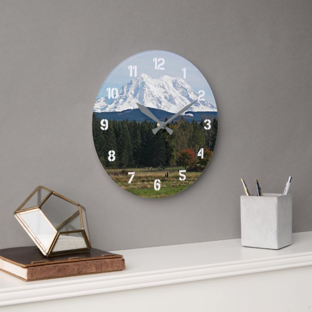 Landschaftliche Landschaft des Berges Rainier Große Wanduhr (Büro)