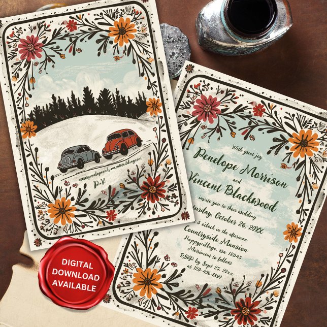 Landschaftliche Niedliche Cars Boho Blumenhochzeit Einladung (Von Creator hochgeladen)