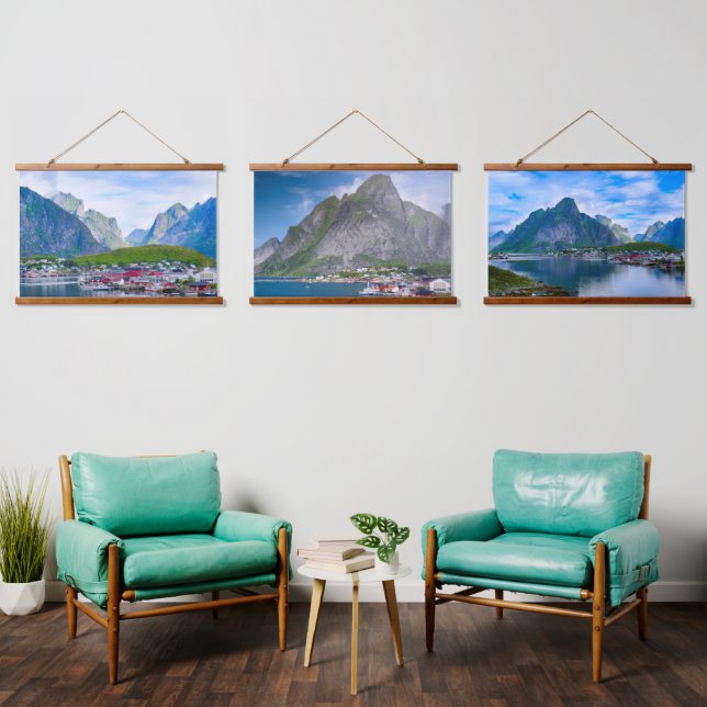 Landschaftliche norwegische Landschaft Lofoten Nor Wandteppich Mit Holzrahmen (Wohnzimmer)