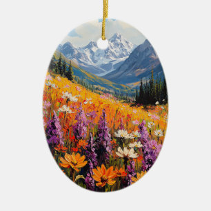 Landschaftliche Wildblumen und Berge Fine Art Keramik Ornament