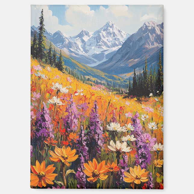 Landschaftliche Wildblumen und Berge Kunst und Kul Magnet (Vorderseite)