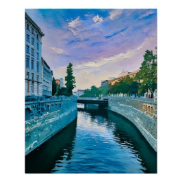 Landschaftlicher Fluss durch Stadt bei Sonnenunter Poster