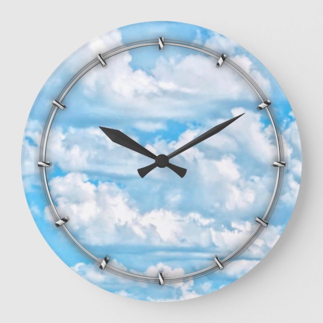 Landschaftlicher Happy Sunny Clouds Hintergrund Große Wanduhr (Vorderseite)