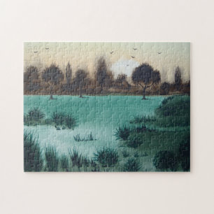 landschaftlicher Sonnenuntergang über Waldflächen  Puzzle