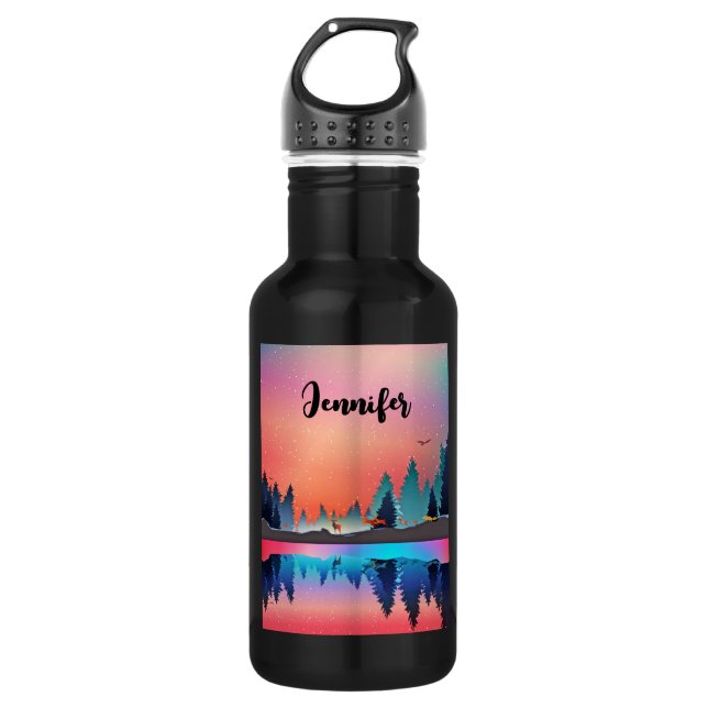 Landschaftlicher Wintersee mit Hirsch Edelstahlflasche (Vorderseite)