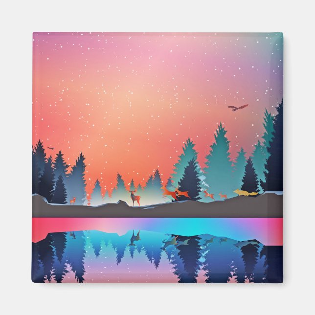 Landschaftlicher Wintersee mit Hirsch Magnet (Vorne)