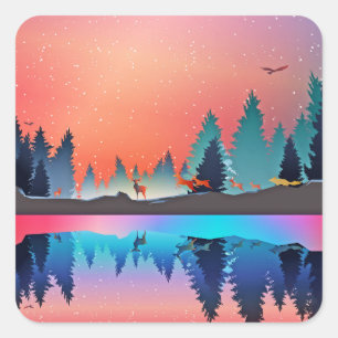 Landschaftlicher Wintersee mit Hirsch Quadratischer Aufkleber