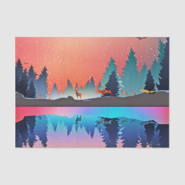 Landschaftlicher Wintersee mit Hirsch Seidenpapier (Vorderseite)