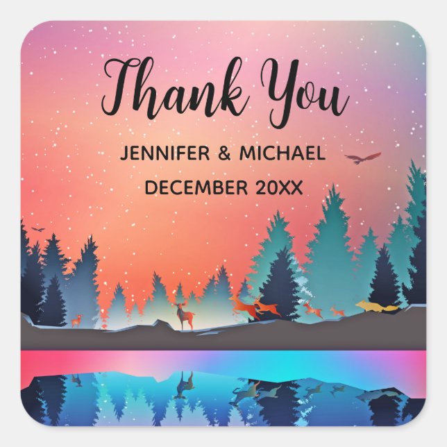 Landschaftlicher Wintersee mit Hirsch Vielen Dank Quadratischer Aufkleber (Vorderseite)