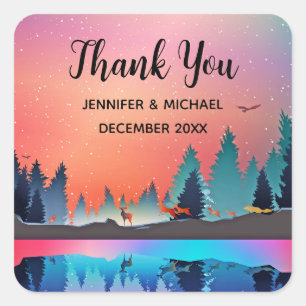 Landschaftlicher Wintersee mit Hirsch Vielen Dank Quadratischer Aufkleber