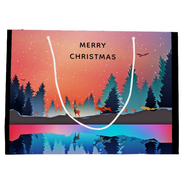 Landschaftlicher Wintersee mit Hirschwein Große Geschenktüte (Rückseite)