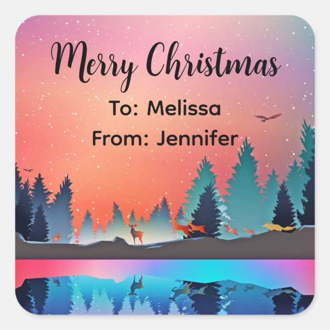 Landschaftlicher Wintersee mit Hirschwein Quadratischer Aufkleber (Vorderseite)