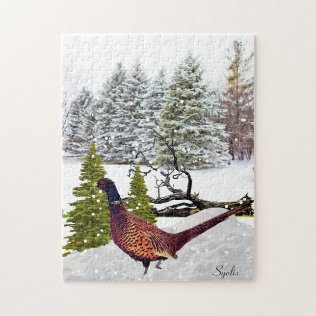 Landschaftlicher Winterwald mit Süddakota Pheasant Puzzle (Vertikal)