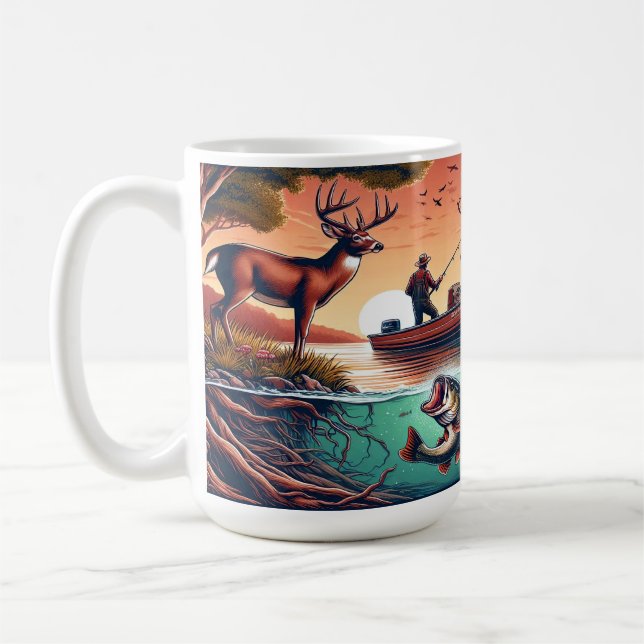 Landschaftliches Outdoor-Fischerboot, Hirsch und B Kaffeetasse (Links)