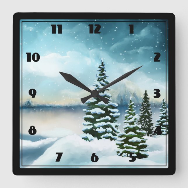 Landschaftliches Winterwunderland Wasserfarbenmale Quadratische Wanduhr (Vorderseite)