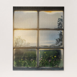 Landschafts-Sonnenuntergang-Fensterblick Puzzle