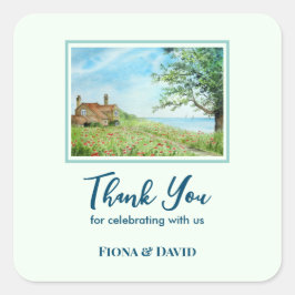 Landschaftsbild Mohnfeld Landschaft Wasserfarbe Quadratischer Aufkleber