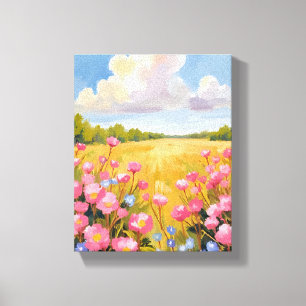 Landschaftsgemälde mit rosa Blumenfeld Leinwanddruck
