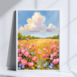 Landschaftsgemälde mit rosa Blumenfeld Poster