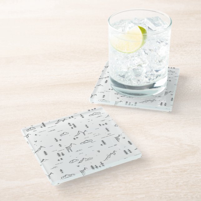 Landschaftsmuster für geometrische Holzlinien Glasuntersetzer (Schrägansicht)