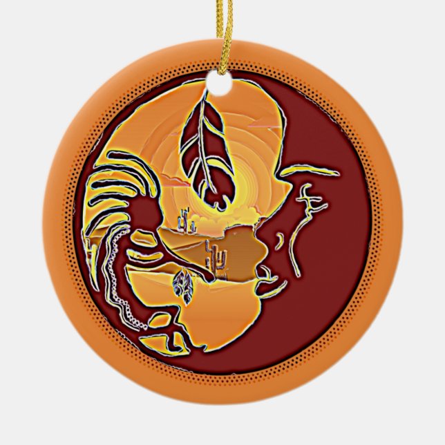 Landschaftsschaltfläche - Kokopelli Mondfeder 1 Keramik Ornament (Vorne)
