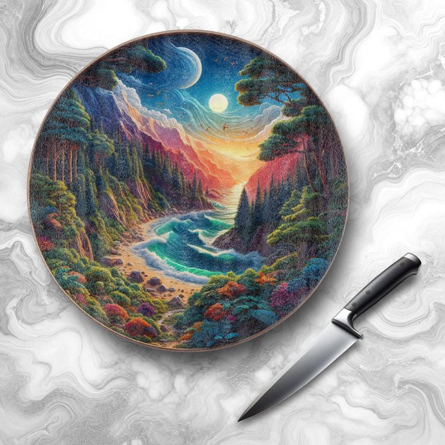 Landschaftsschnitt / Seascape / Skyscape Schneidebrett (Nature Woodcut of Nighttime Coastal Seascape Skyscape Cutting Board (Cover Photo))