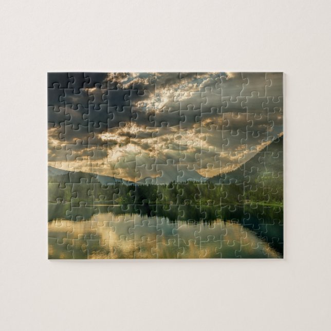 Landschaftssee, Berge, Reflektionen & Himmel Puzzle (Horizontal)