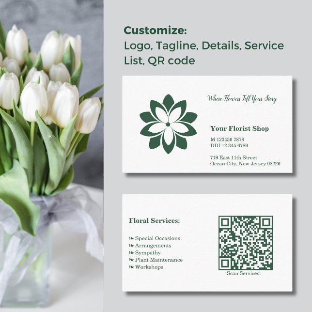 Landschaftsweiße und grüne Floristenkarte Business Treuekarte (Landscape White & Green Florist Shop Business Card, Custom Logo, Tagline, Details, Service, QR code)