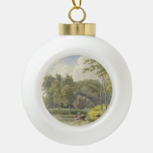 Landschap traf Figuren in Roeibootje Vintag Keramik Kugel-Ornament