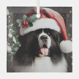Landseer Newf in Funkelnd Weihnachtsmannmütze Ornament Aus Glas