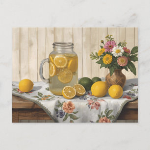 Landstil-Limonadenglas, frische Zitronen, Blumen Postkarte