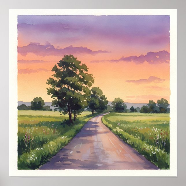 Landstraße bei Sunset - Rustikale Landschaft Farmh Poster (Vorne)