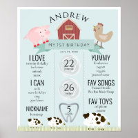 Landtiere1st Geburtstags-Meilenstein Blue Poster