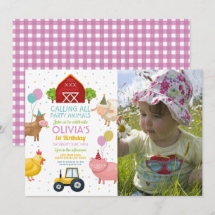 Landtiere 1. Kindergeburtstag Pink Girls Einladung