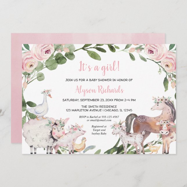 Landtiere Aquarell Blumenmädchen Dusche Einladung (Vorne/Hinten)