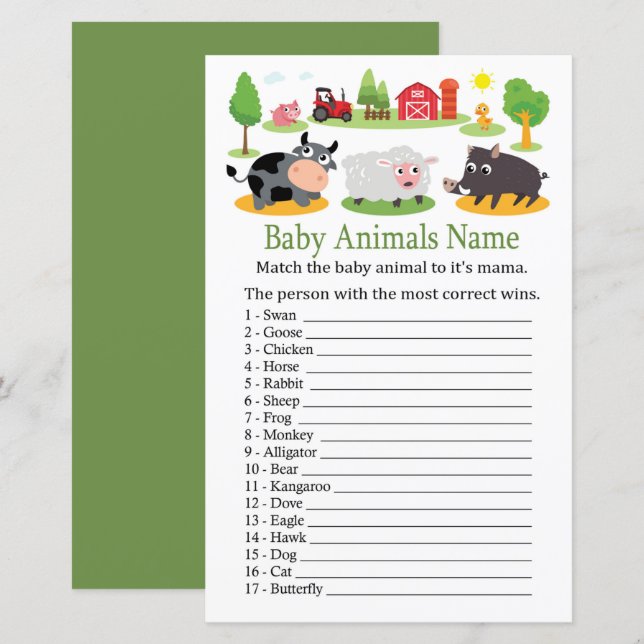 Landtiere Baby Animes Name Game (Vorne/Hinten)