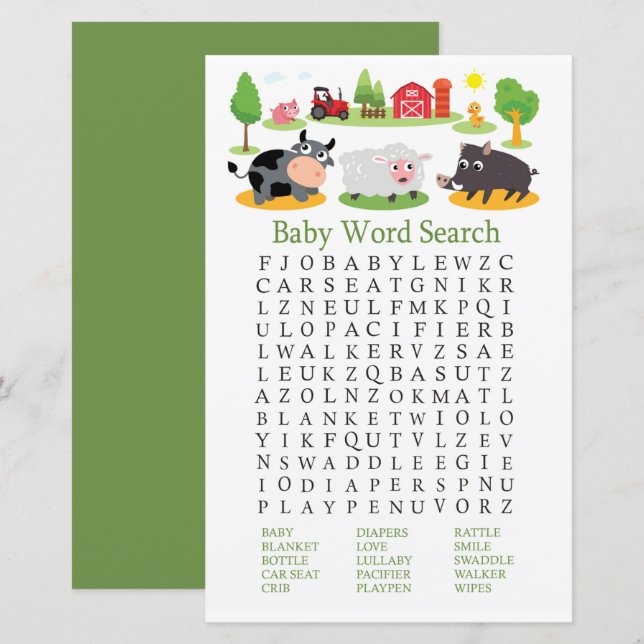 Landtiere Baby Dusche Word Search Game (Vorne/Hinten)