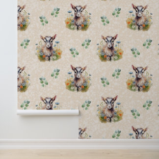 Landtiere Baby Goat Greenery auf Cream Tapete