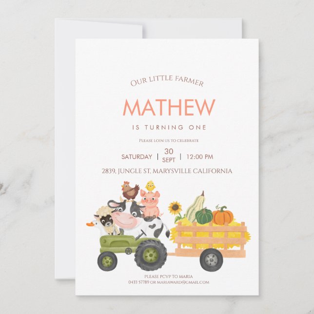 Landtiere Barnyard 1. 2. Geburtstag Einladung (Vorderseite)