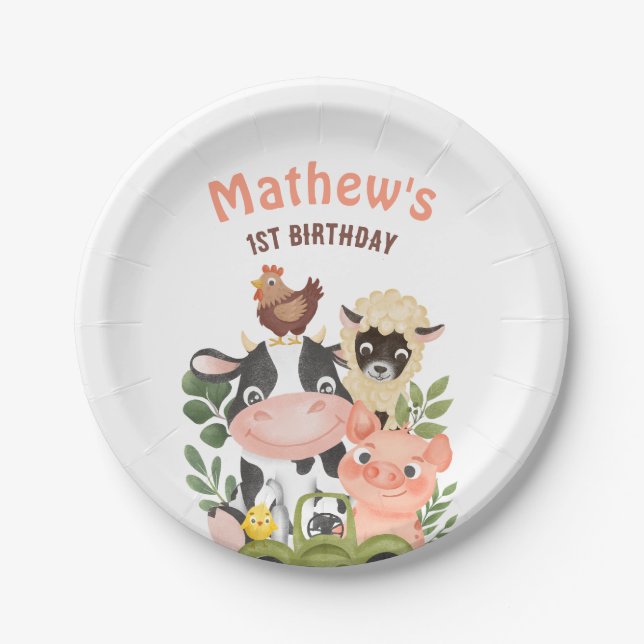 Landtiere Barnyard 1. 2. Geburtstag Pappteller (Vorderseite)