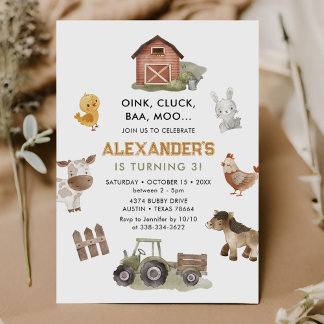 Landtiere Barnyard 3. Geburtstag Einladung