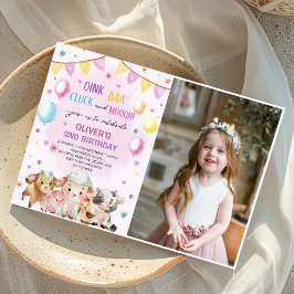 Landtiere Barnyard Balloon Geburtstags-Foto Einladung